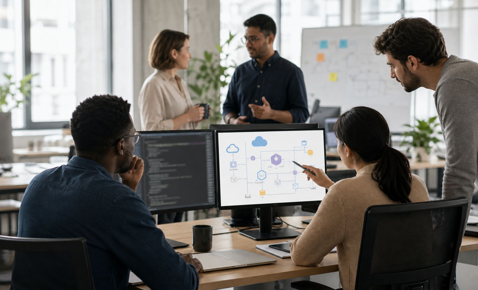 Engineering team member reviewing AI agent results beside an AWS workflow monitor