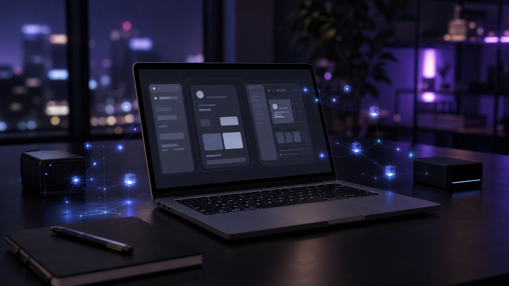 Local AI app builder workspace with app wireframes and local nodes
