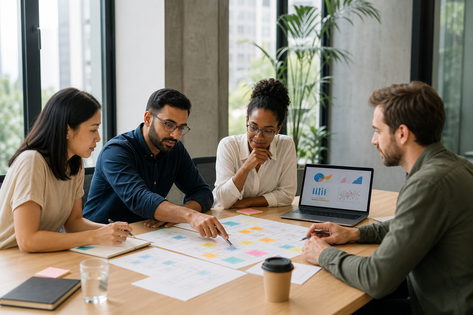Team reviewing AI agent workflow options around a modern whiteboard workspace