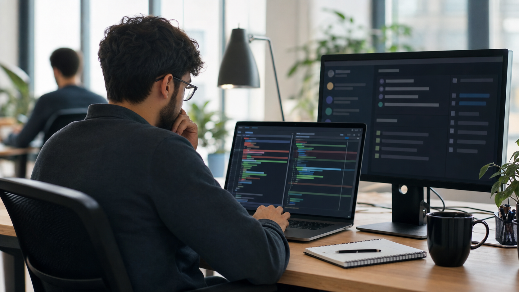Engineer reviewing AI-assisted code diff in a collaborative workspace