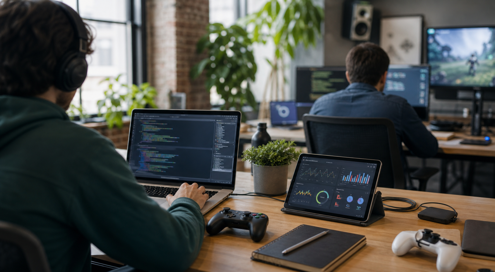 Game team testing gameplay builds on Mac and iPad in a studio workspace