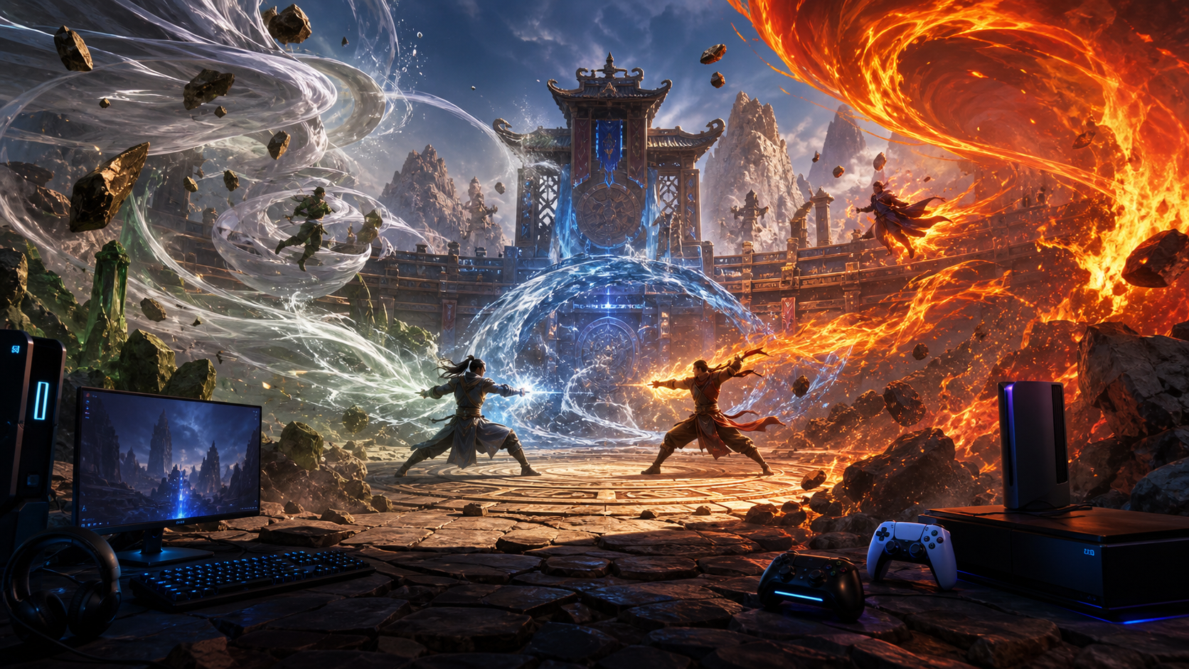 Original elemental martial-arts fighting-game arena with PC and console controllers
