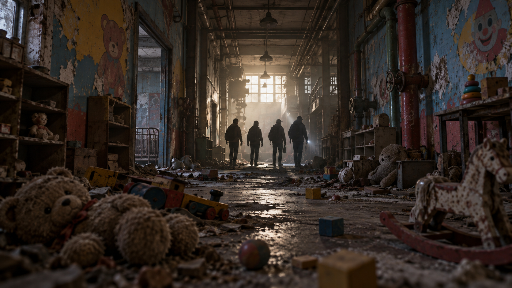 A small group explores a dim abandoned toy factory corridor.