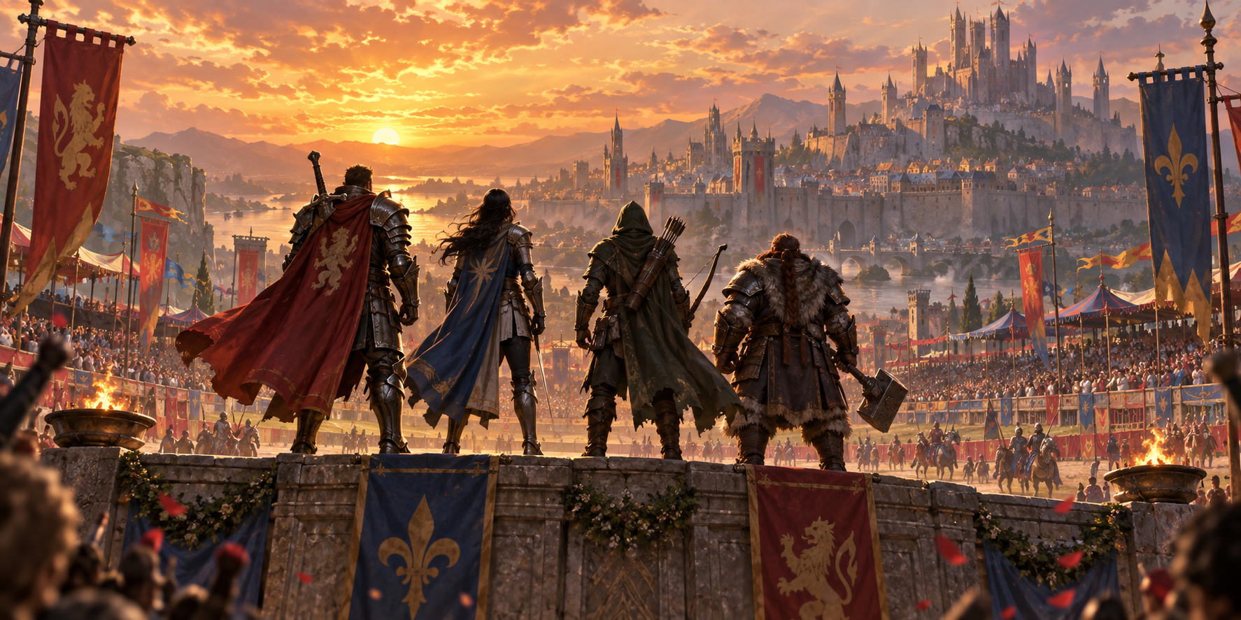 Four armored heroes on a raised stage before a walled fantasy capital at golden hour