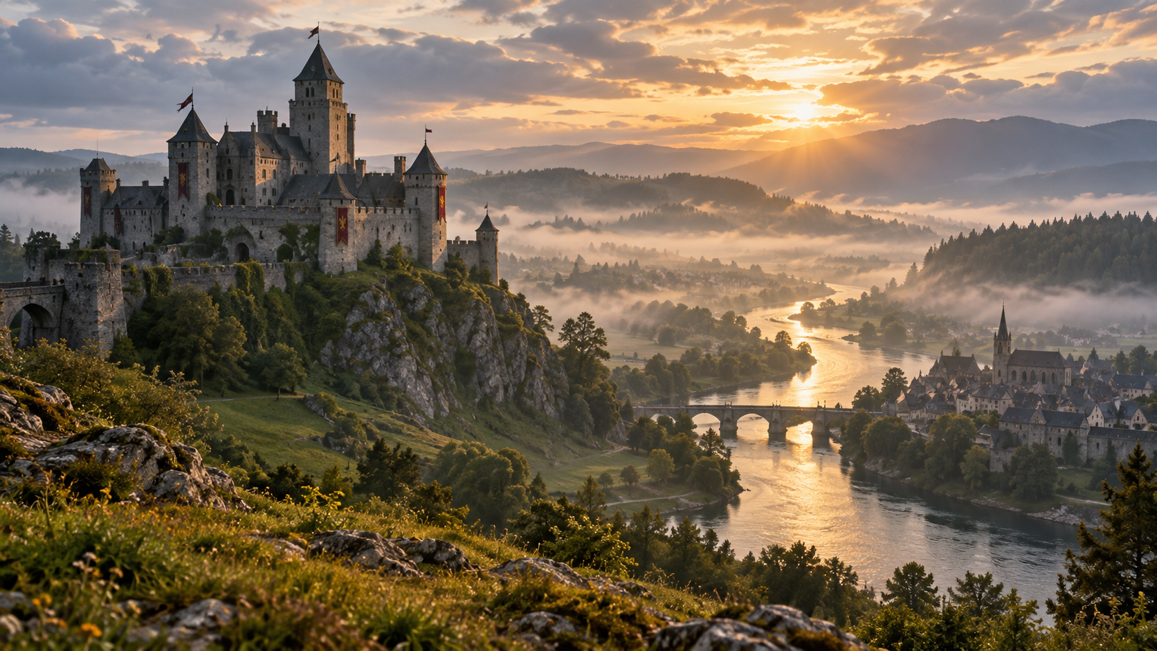 Misty medieval fantasy castle towers on a river bend at dawn, Kingdom Rush 6: Genesis TD cover
