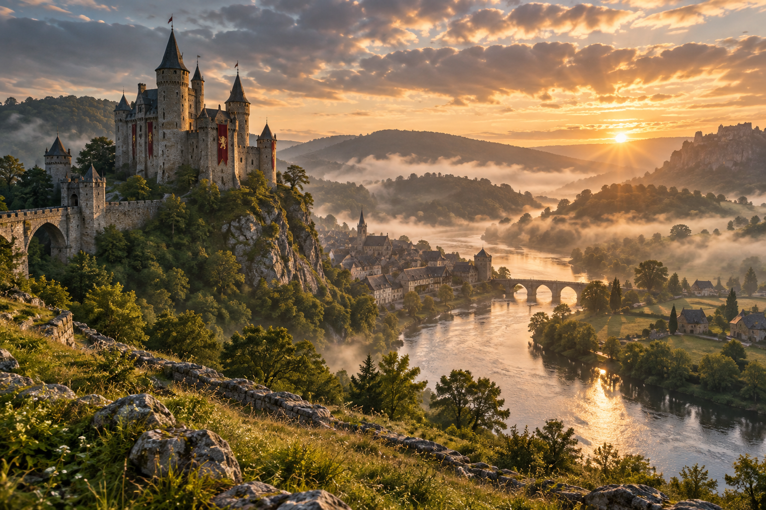 Misty medieval fantasy castle towers on a river bend at dawn, Kingdom Rush 6: Genesis TD cover