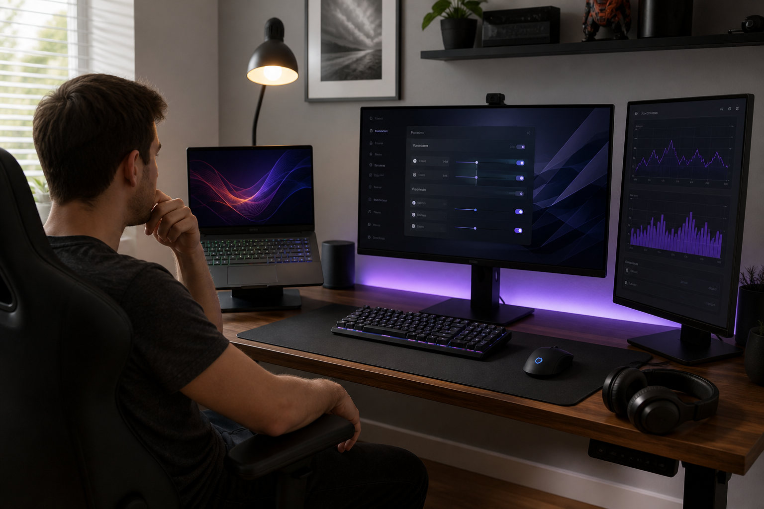 Gaming desk showing DLSS settings on a monitor and a cloud gaming stream