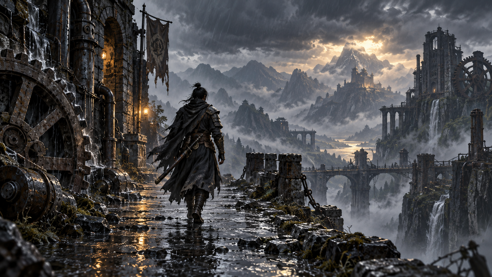 A lone swordsman facing distant industrial ruins in a dark, rain-soaked landscape.