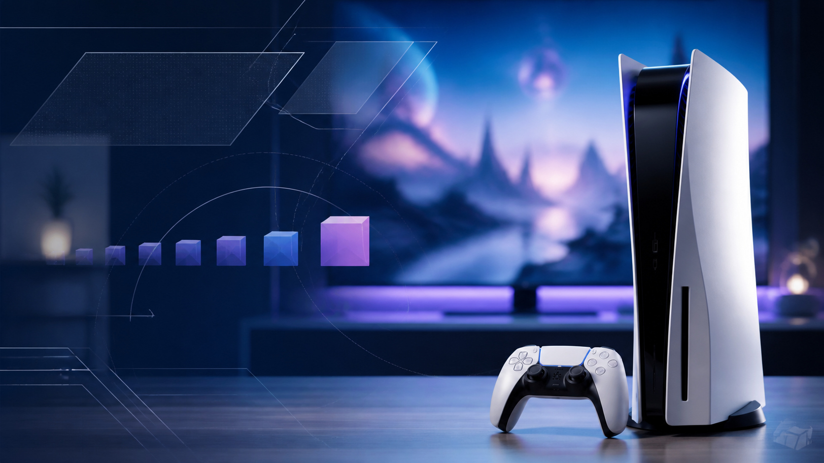 PS5 Pro console in a warm-lit desk scene with gaming screen in landscape