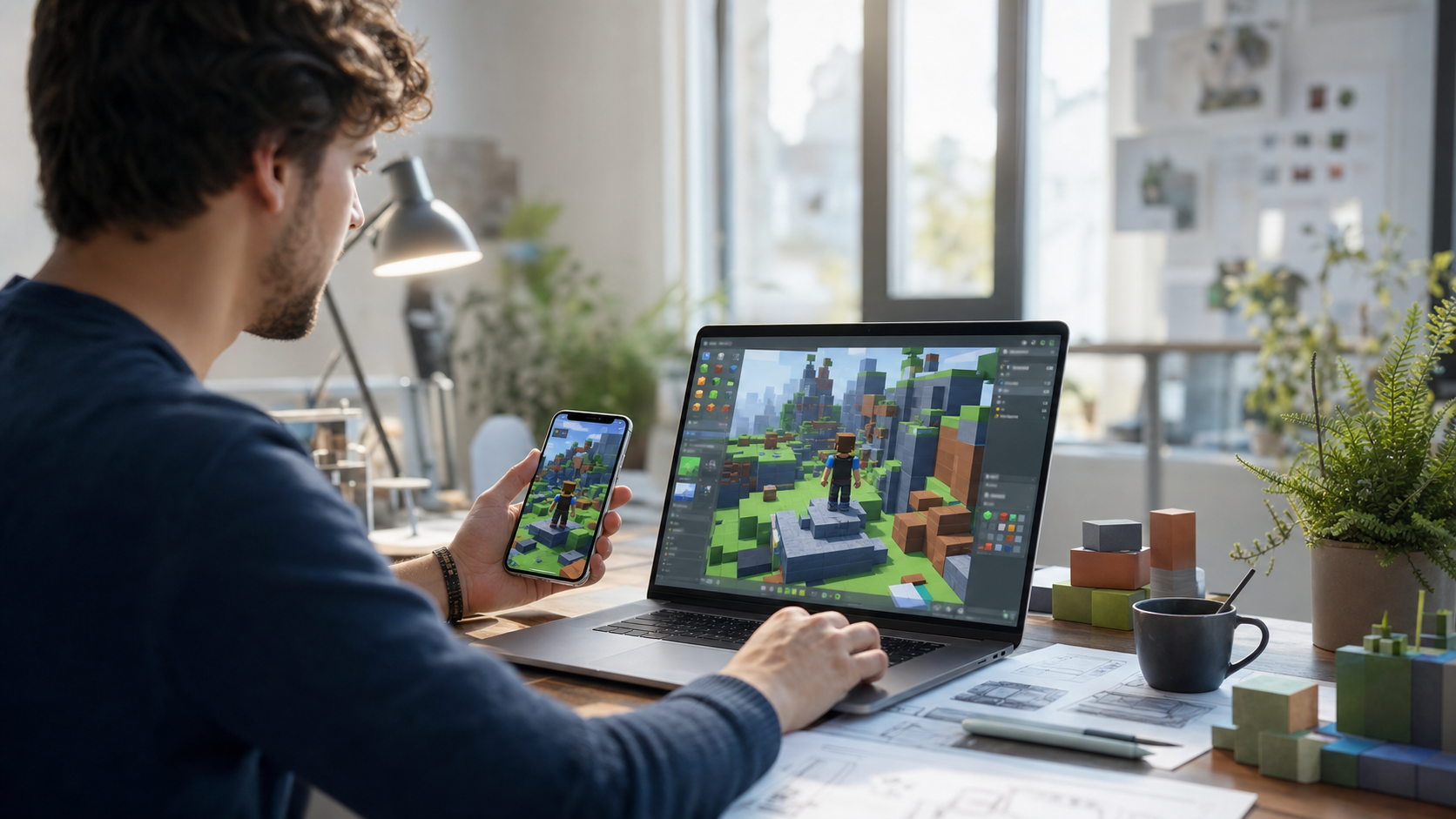 A creator planning and testing a Roblox game setup using a mobile device and laptop