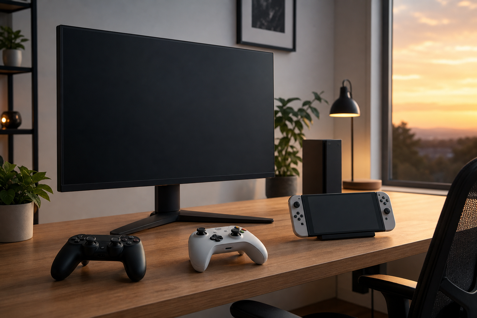 Game room desk with console and PC setup ready for a launch