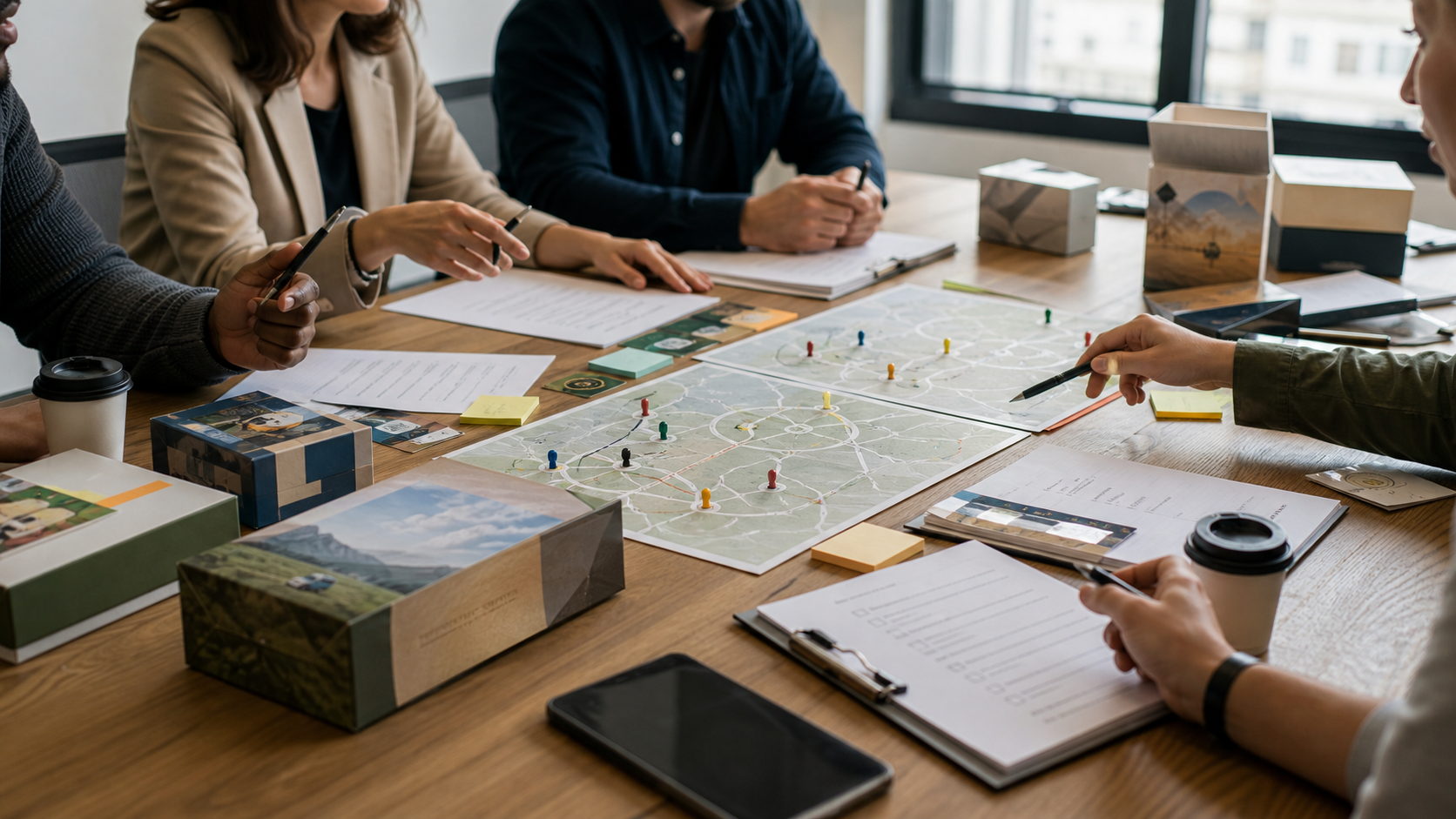 Photorealistic scene of a game team reviewing launch timing and retail stock logistics