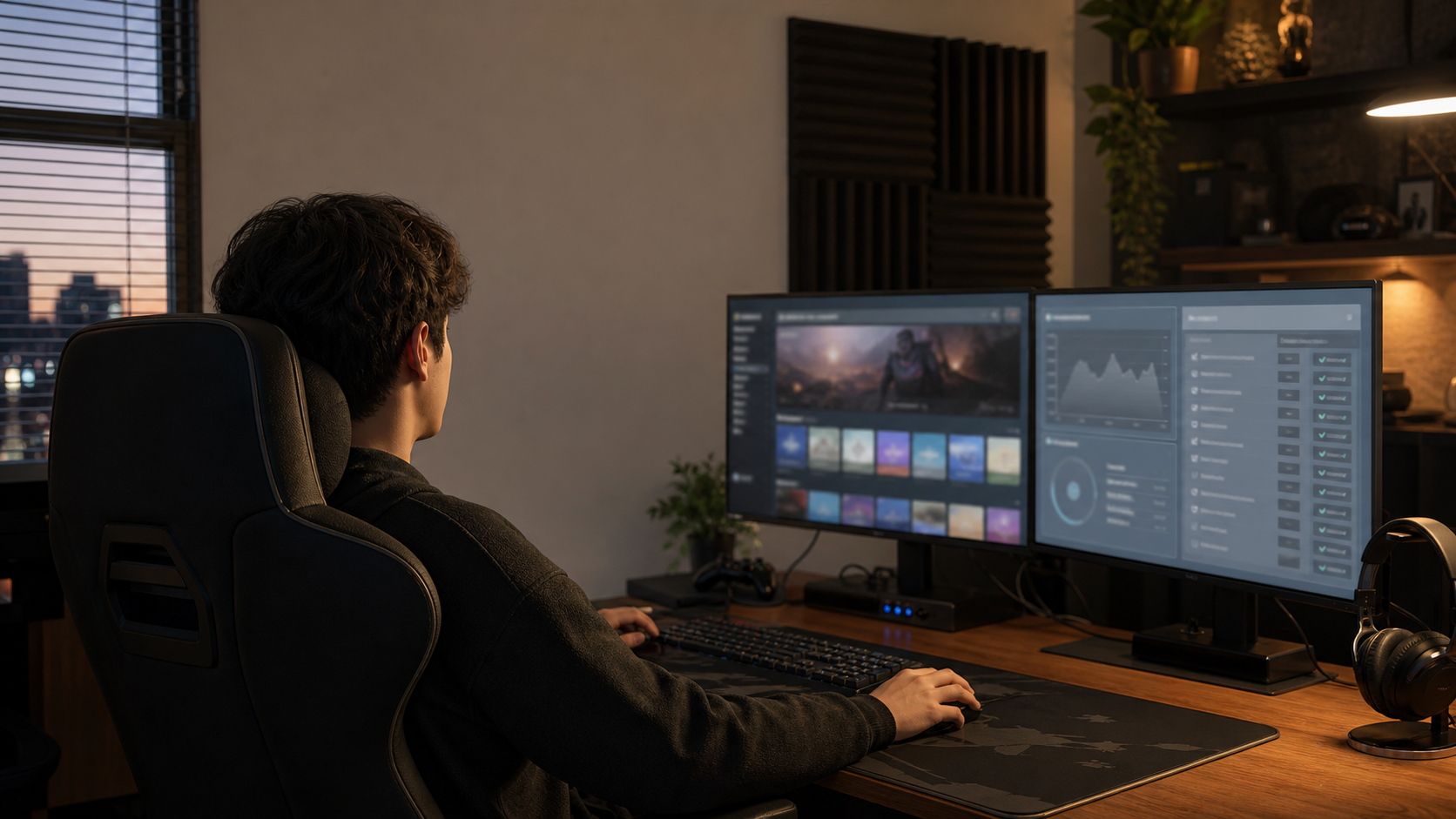 Gaming desk with dual monitors showing a Steam launch page and performance checklist