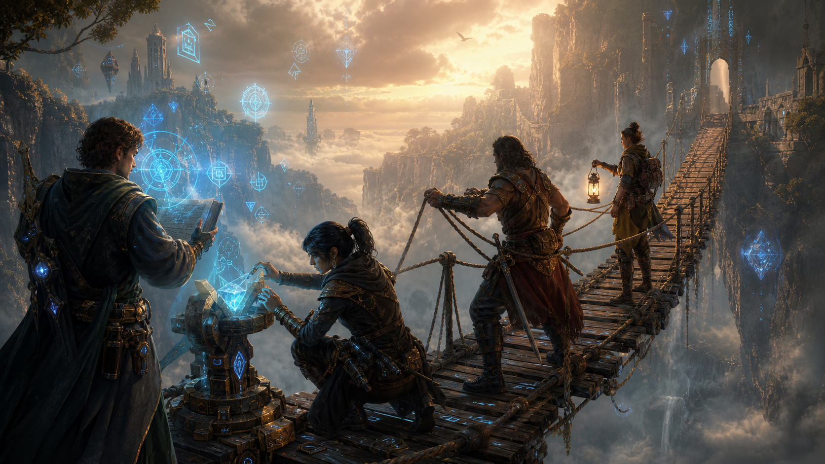 Fantasy co-op team solving a puzzle on a glowing bridge