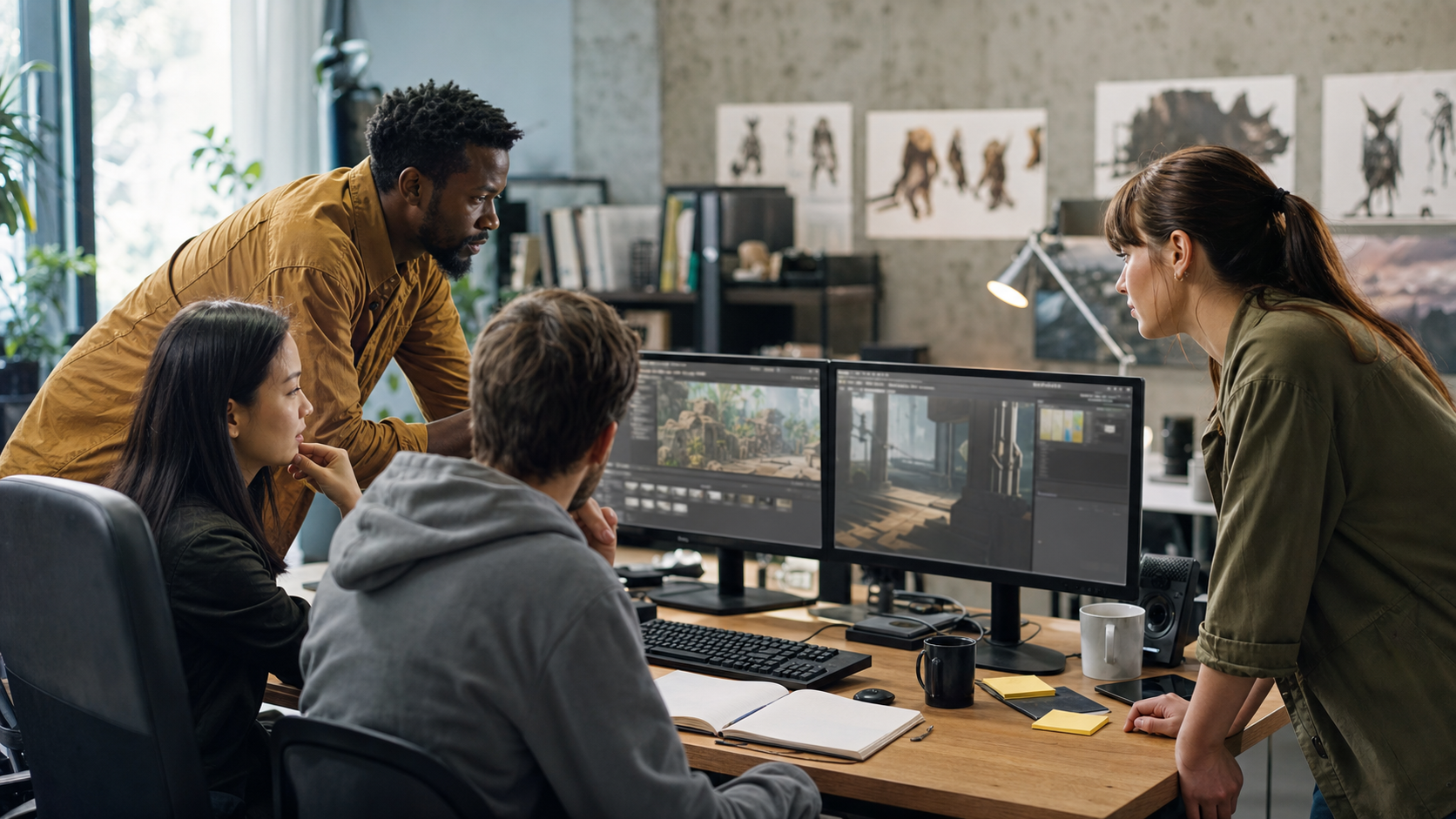Small game studio team reviewing Unity 7 workflow notes on a desk