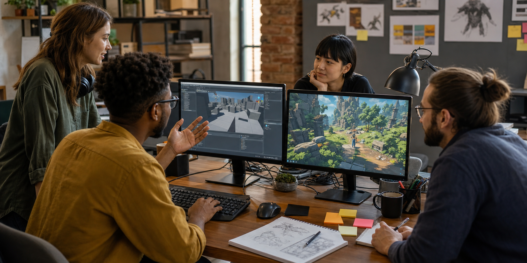 Game team reviewing Unity scene and build report at a desk in a modern studio