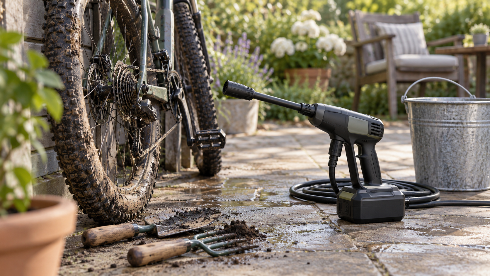 A cordless washer beside a muddy bicycle tire and garden tools