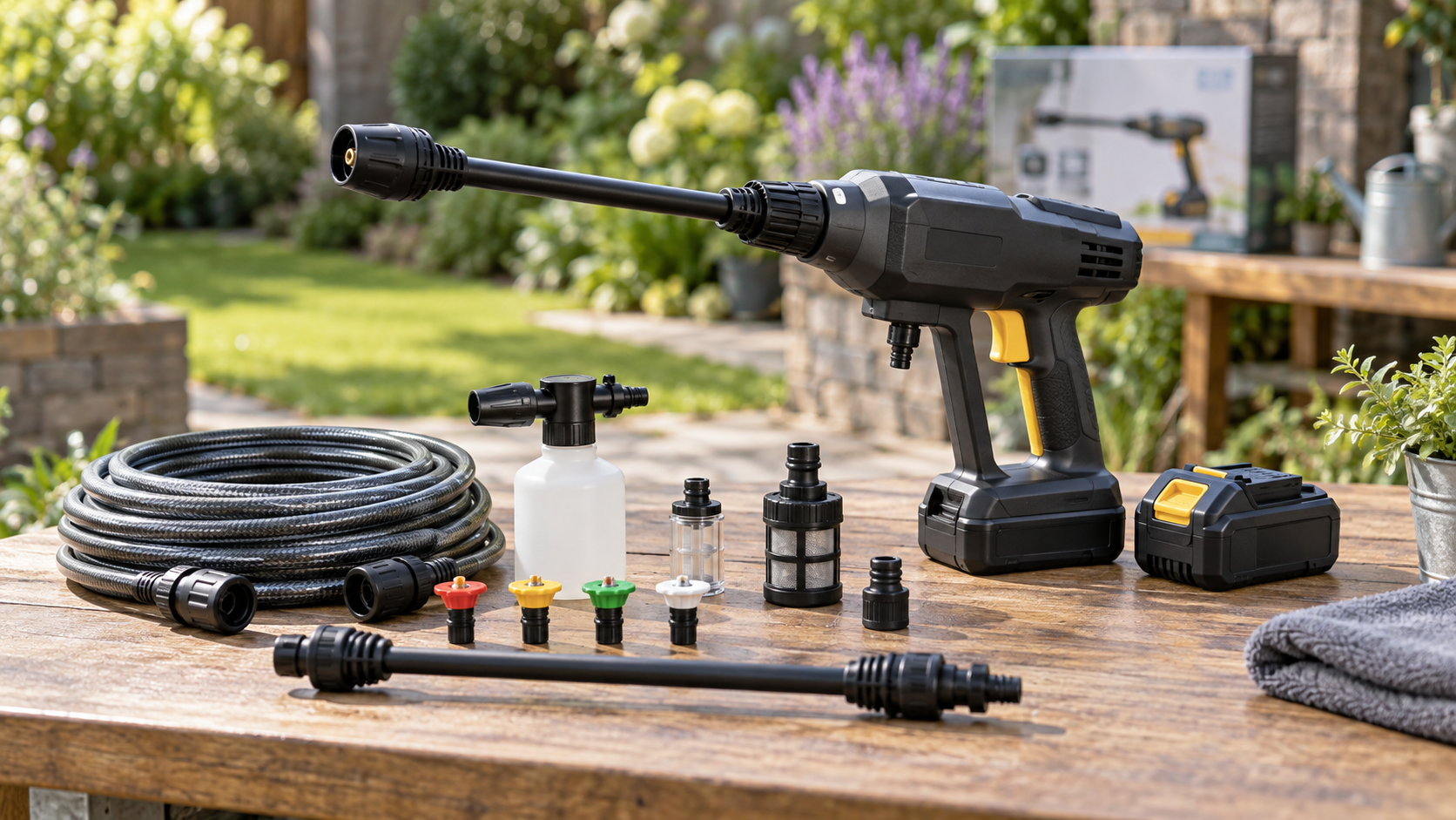 Cordless pressure washer and accessories arranged on a garden workbench