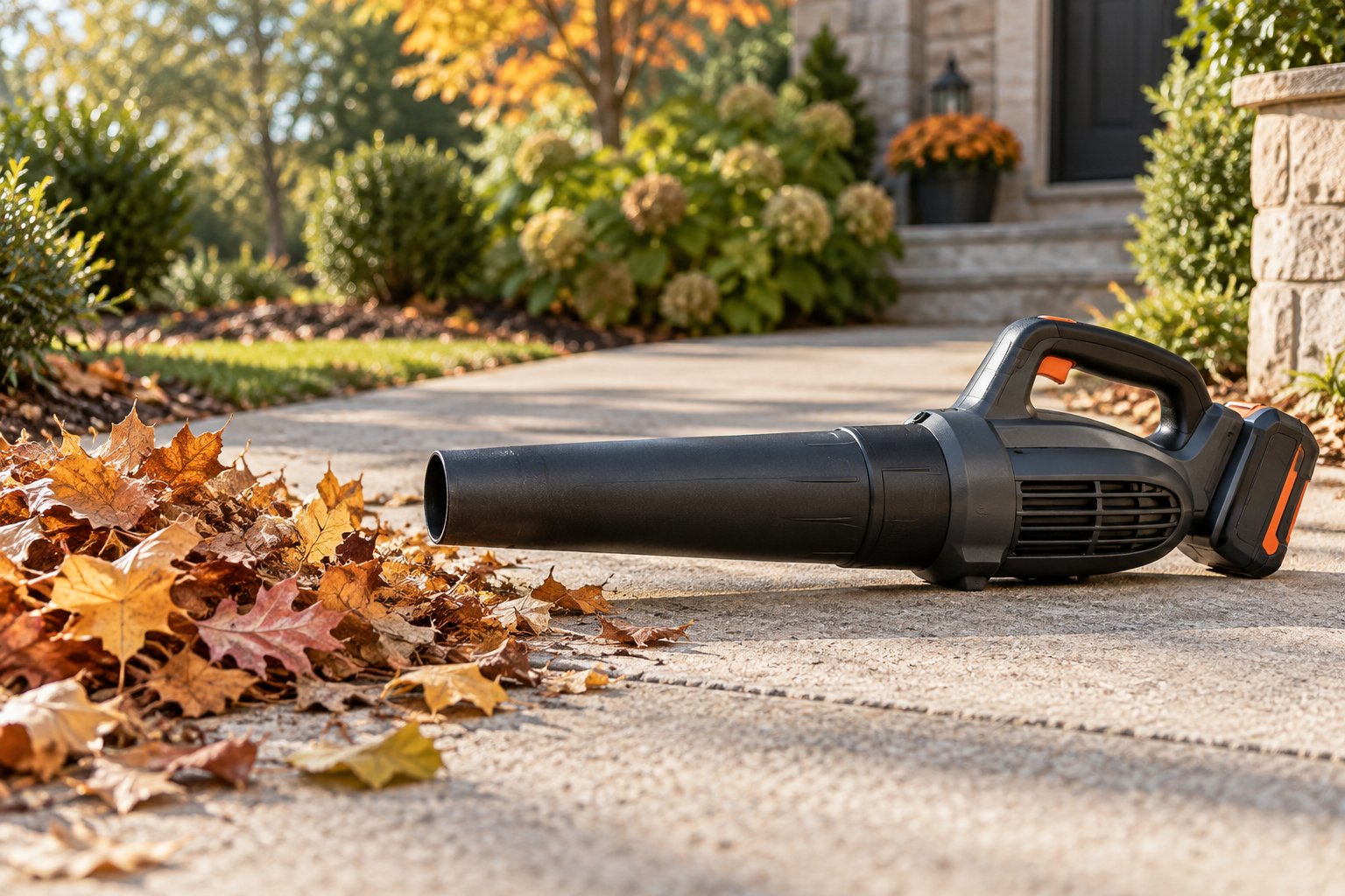 Cordless handheld blower beside a small pile of dry leaves on a walkway