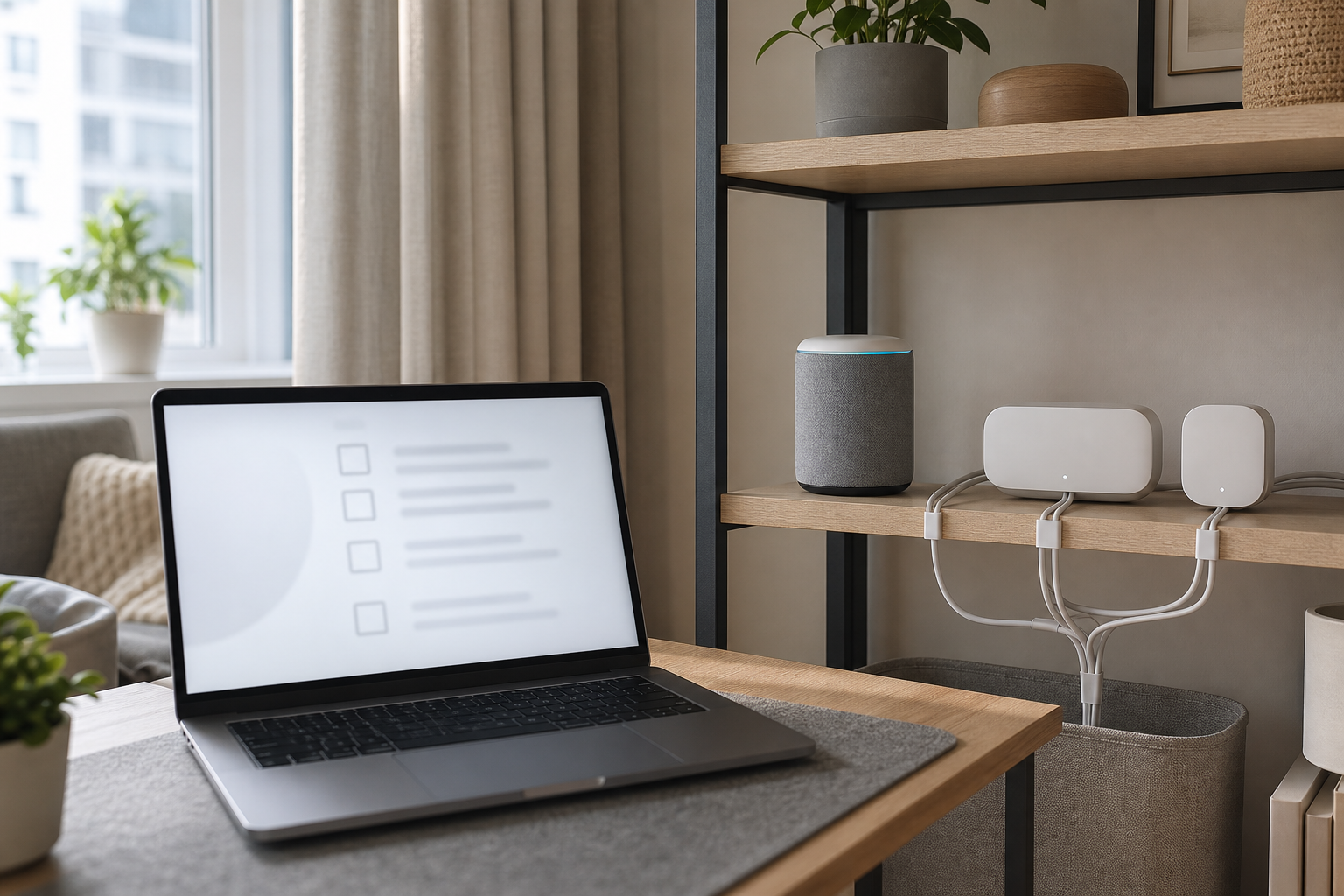 A tidy home office table with a checklist beside simple smart home gadgets