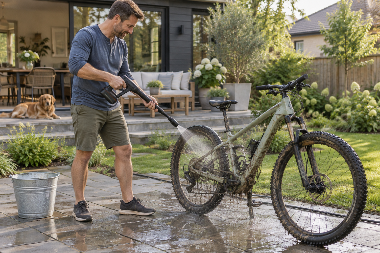 A person rinses a muddy bicycle with a compact cordless washer beside a patio.