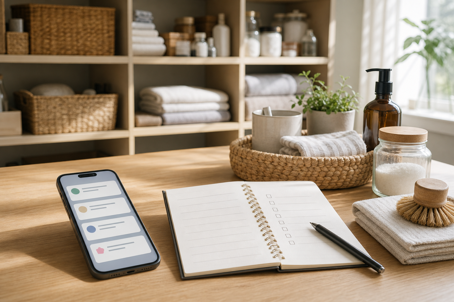 Small home shopping checklist with deal alerts and practical routine planning on a tidy workspace