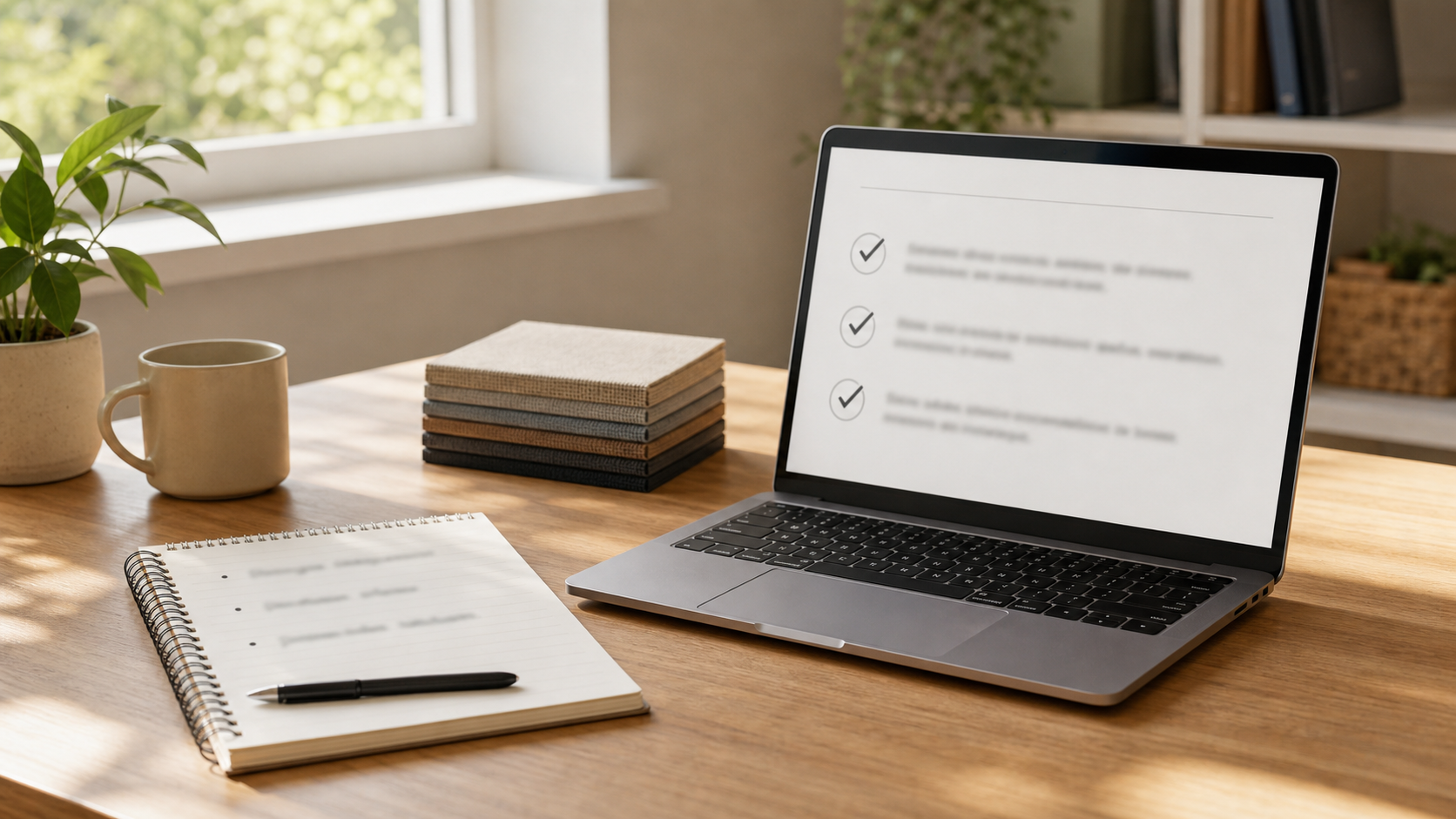 Home office desk with checklist and one compact product sample ready for an AI shopping workflow.