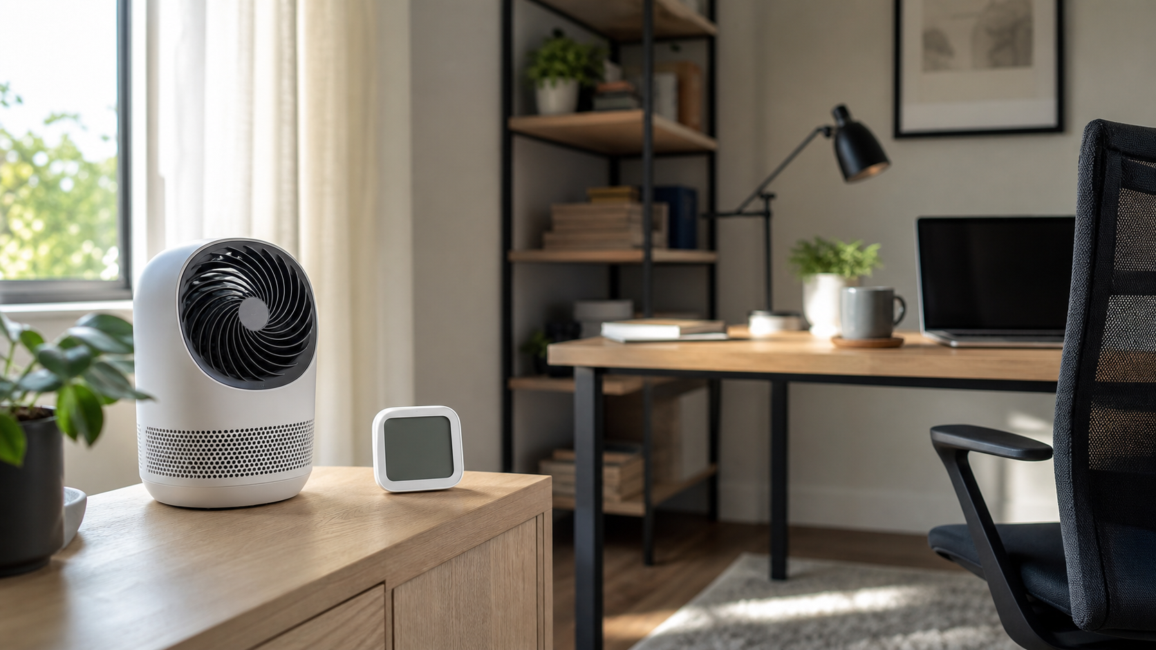 Portable air purifier and humidity monitor on a neat side table in a small room with soft daylight