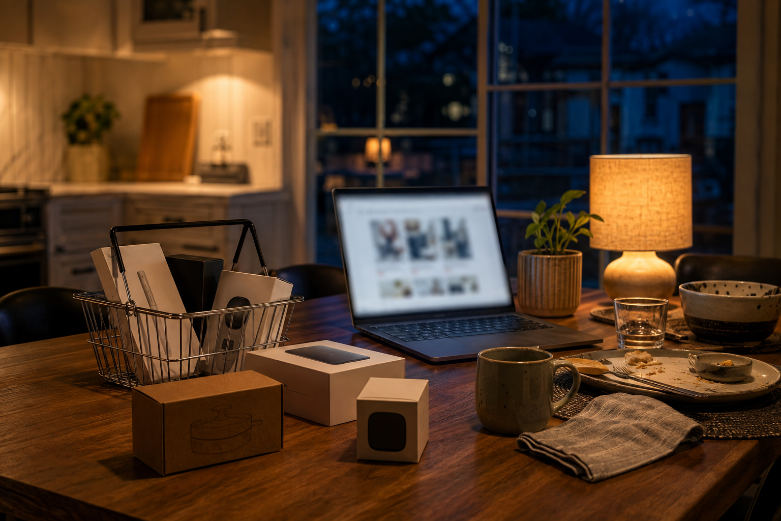 A laptop and boxed online-shopping finds on a warmly lit kitchen table late at night