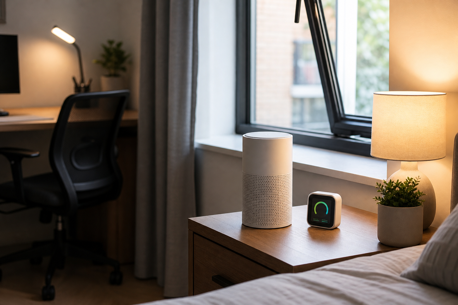 Compact air purifier and monitor setup on a small apartment table