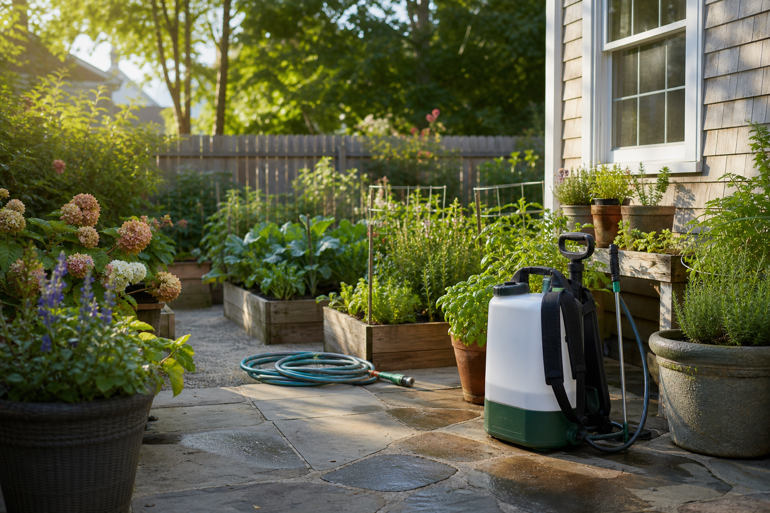 Battery backpack sprayer in a compact backyard garden beside potted plants and a hose line