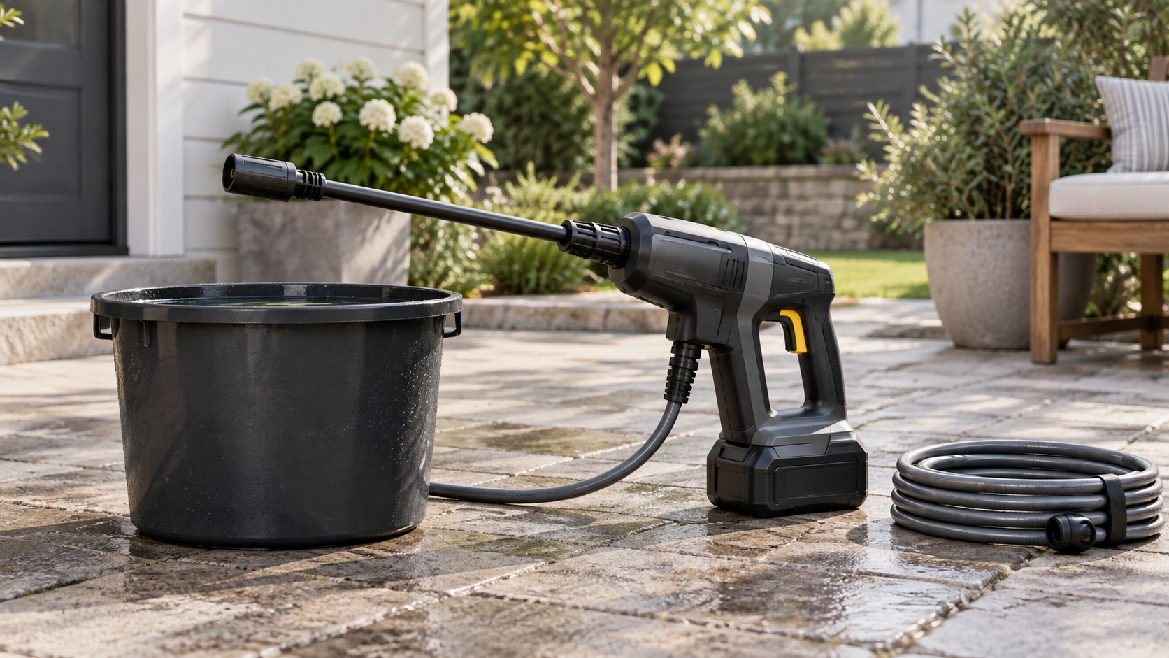 Cordless pressure washer beside a bucket and coiled hose on a patio