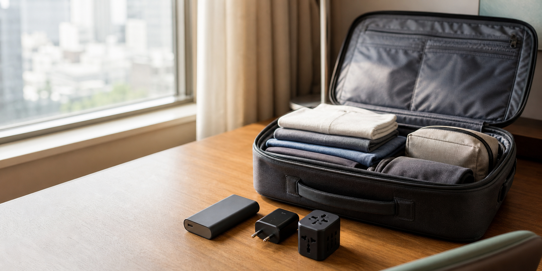 Neatly organized carry-on with a compact power bank, GaN charger, and travel adapter