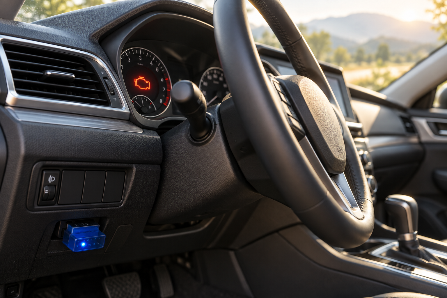Car dashboard with glowing check engine light and an OBD2 scanner plugged in