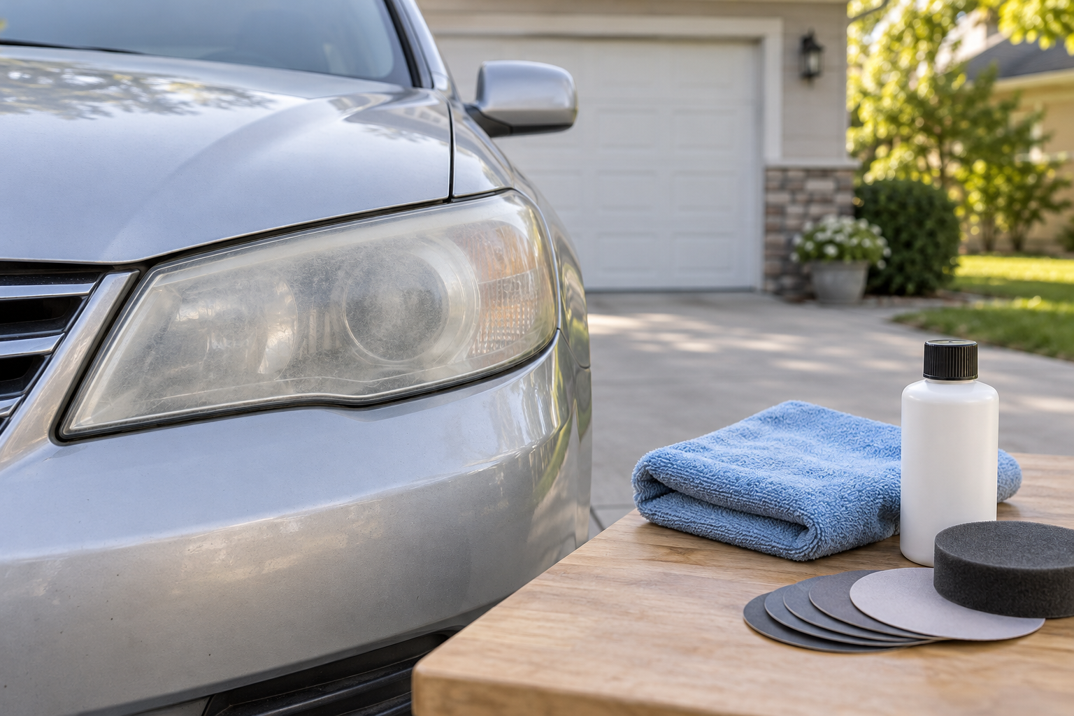 Cloudy car headlight beside a towel and restoration bottle