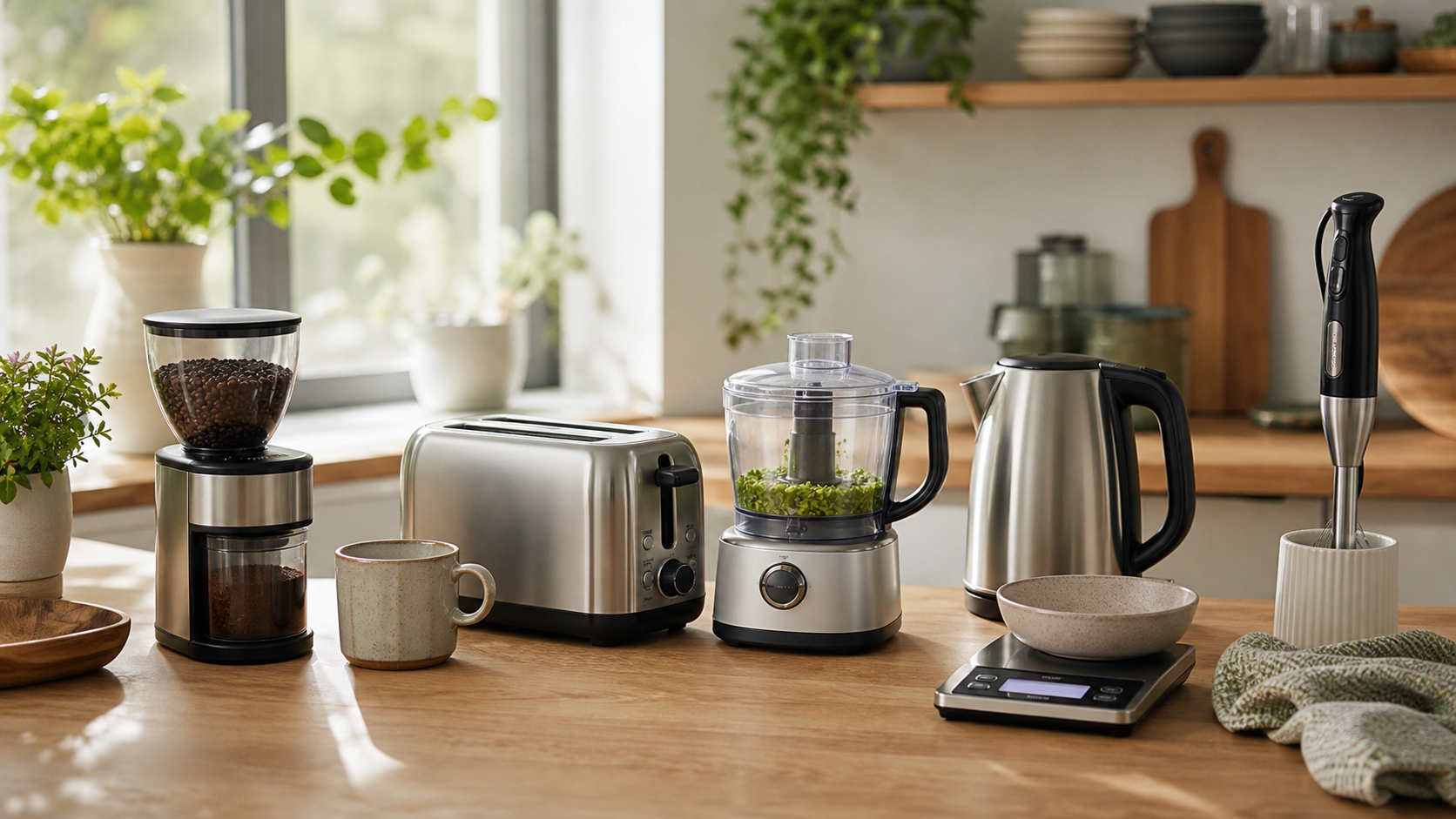 Compact kitchen gadgets neatly arranged on a clean counter