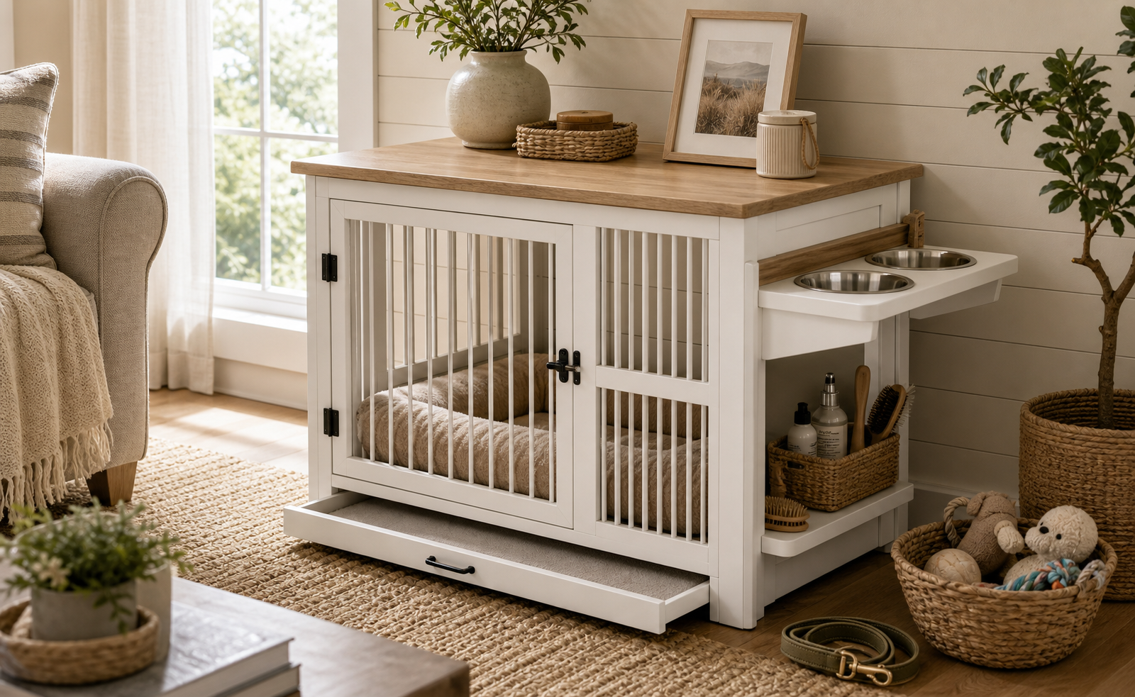 White dog crate furniture styled as a living room end table with a feeder and pet supplies nearby