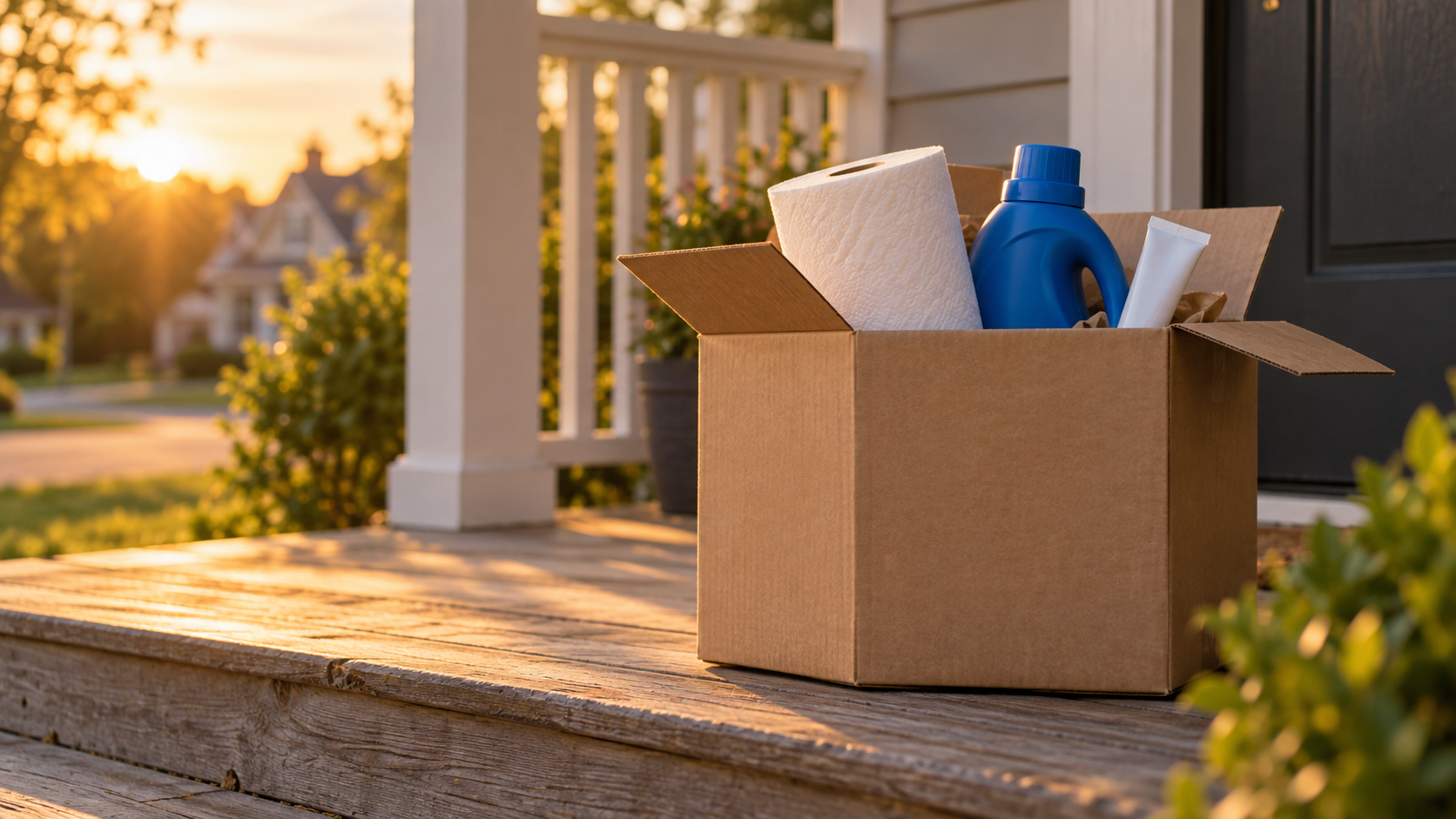 A closed delivery box on a porch step with everyday essentials visible in the open flap.
