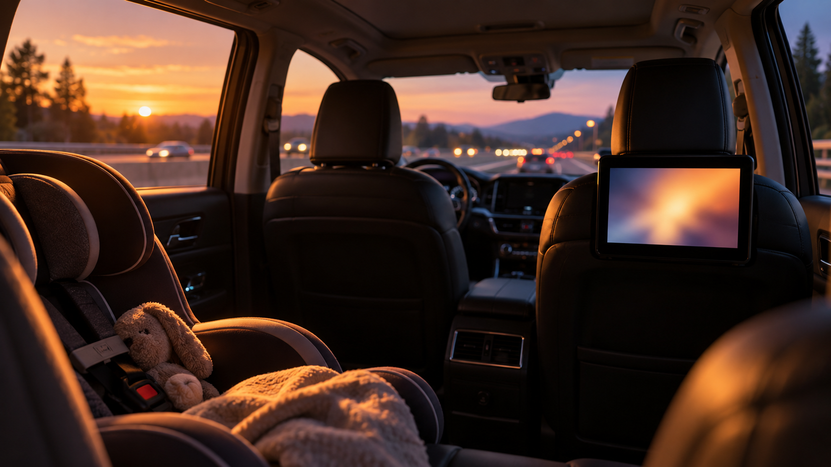 Rear seat monitor screen in a family car at dusk