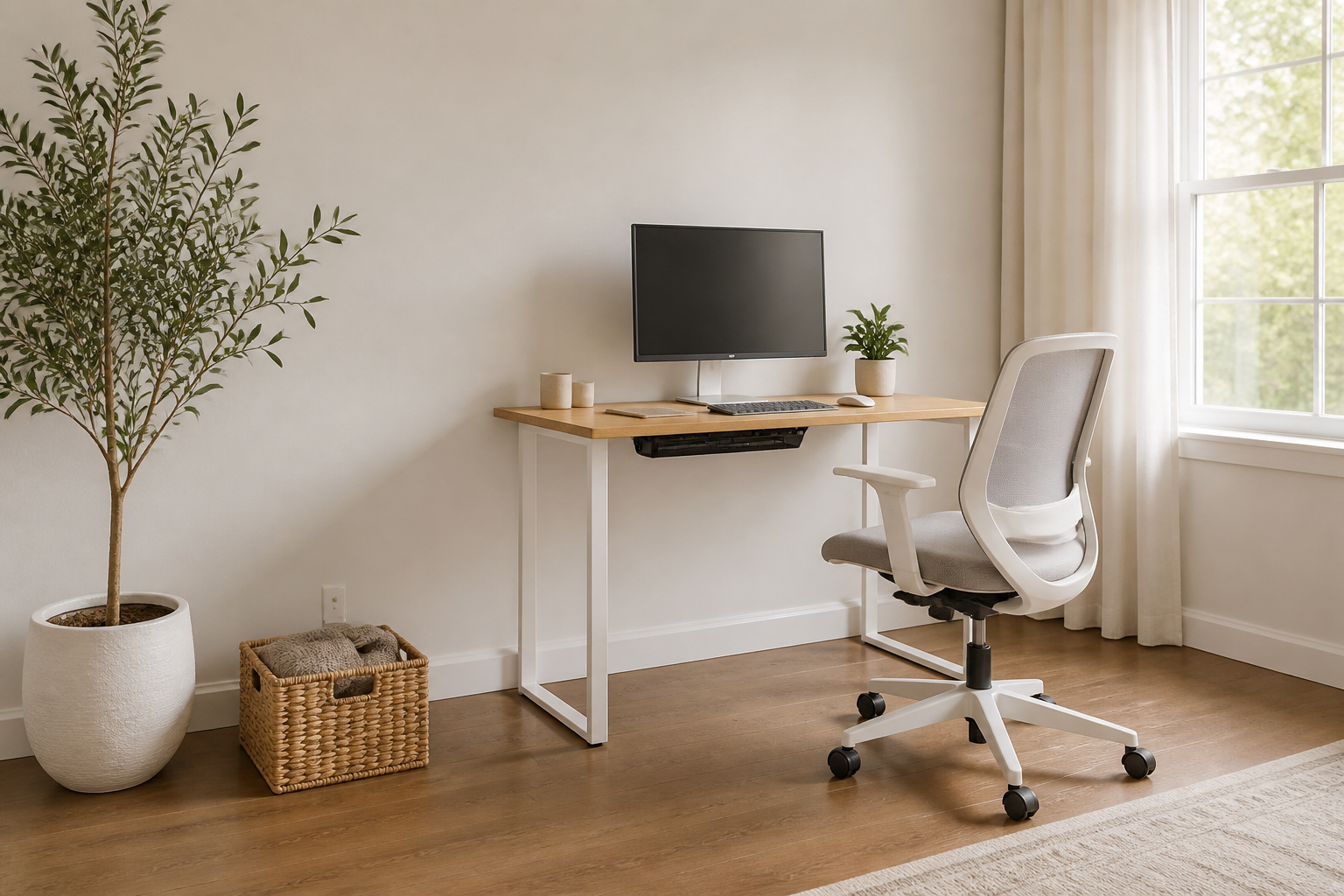 Home office corner with compact desk setup and cable organization tools