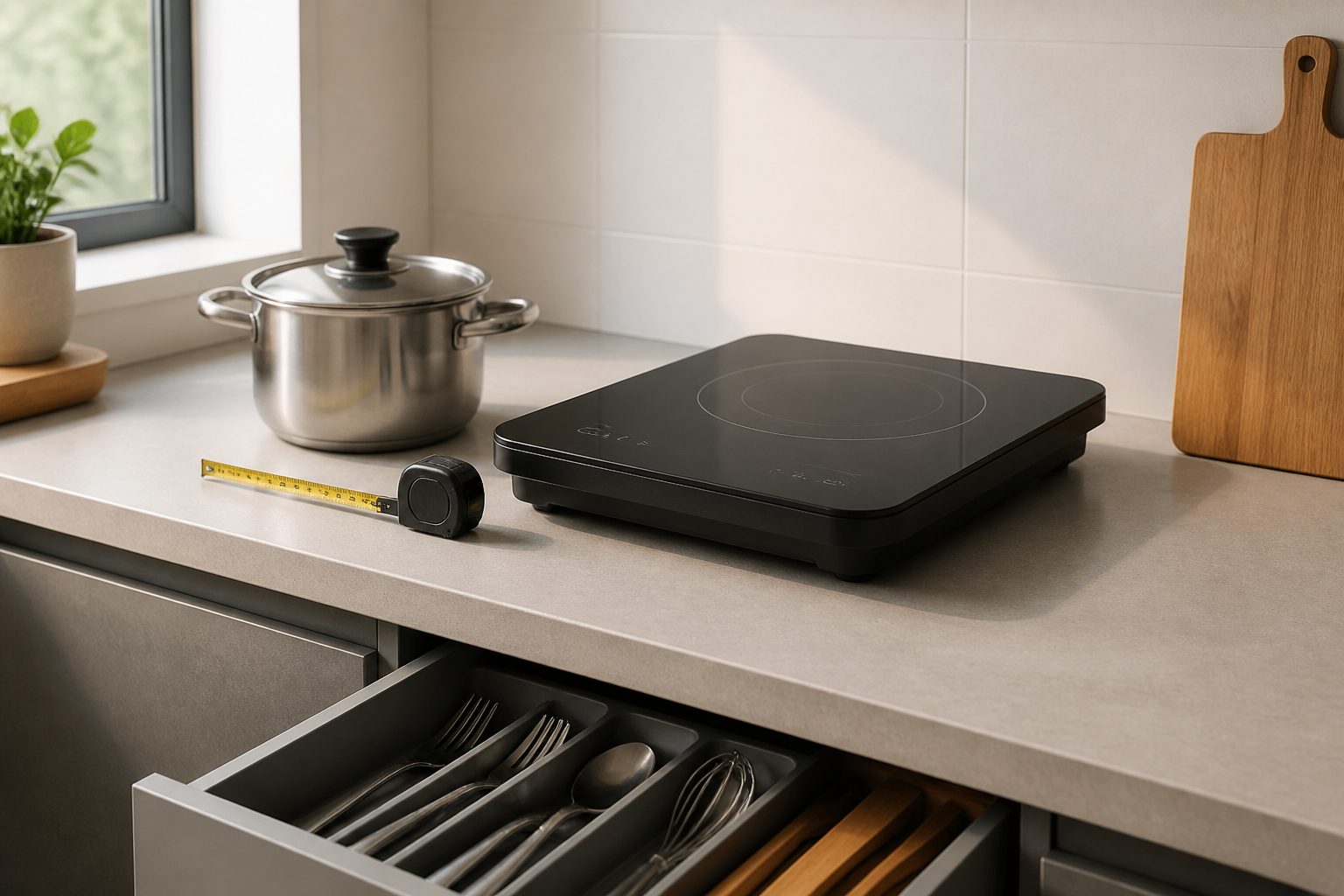 Countertop induction cooktop on a small kitchen counter with cookware and space planning tools