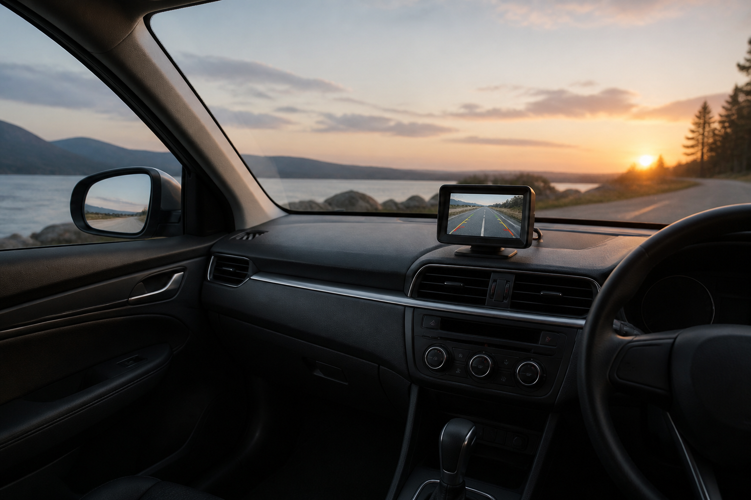 Dashboard shot with a compact rear-camera monitor and clean mount in an automobile interior.