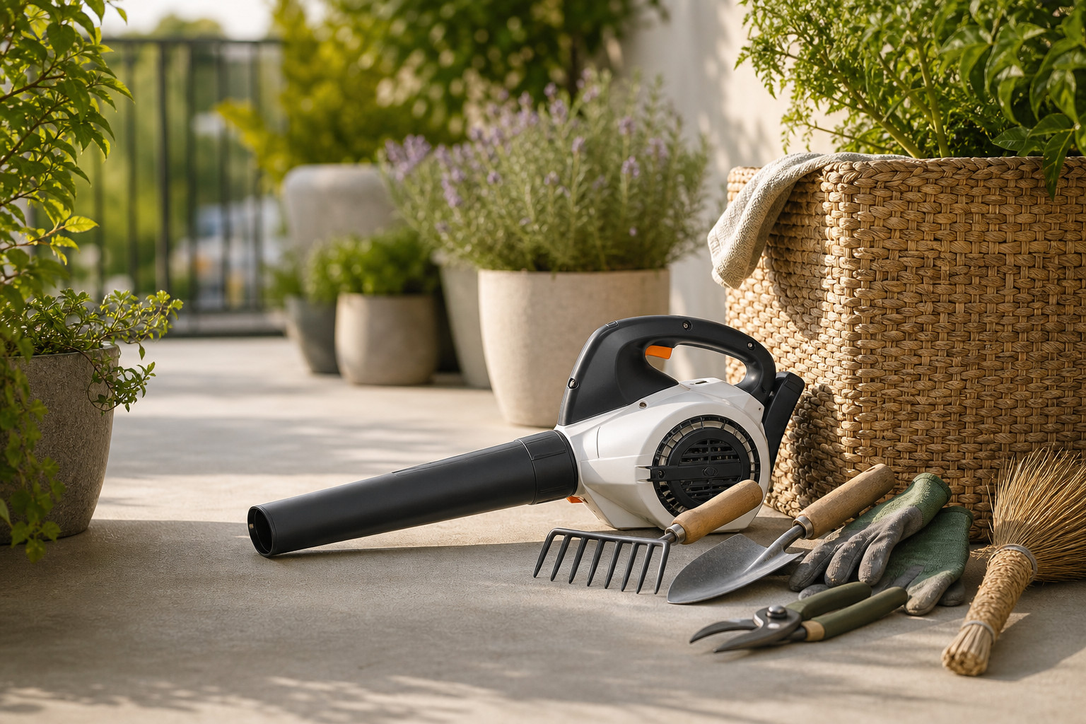 Compact outdoor cleaning tool and storage basket on a small patio during a bright summer afternoon