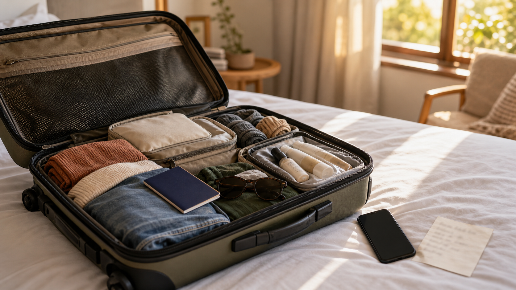 Travel bag and handwritten deal-check note on a bed
