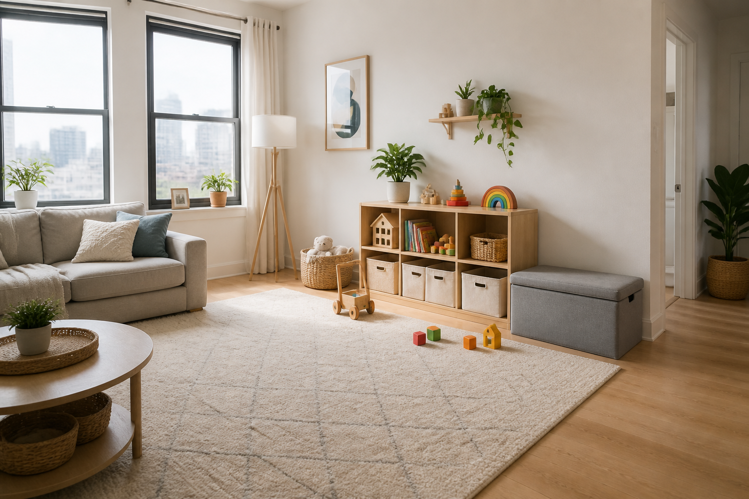 Tidy living room play corner with foldable storage bench and open floor.