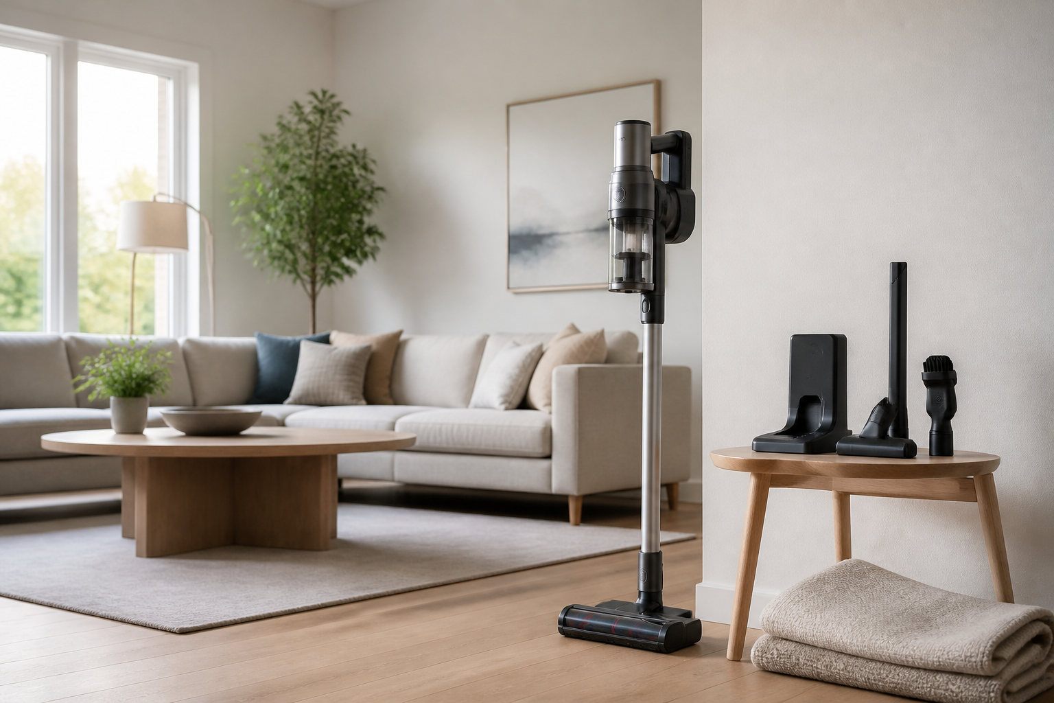 Cordless vacuum with accessories on a living room side table