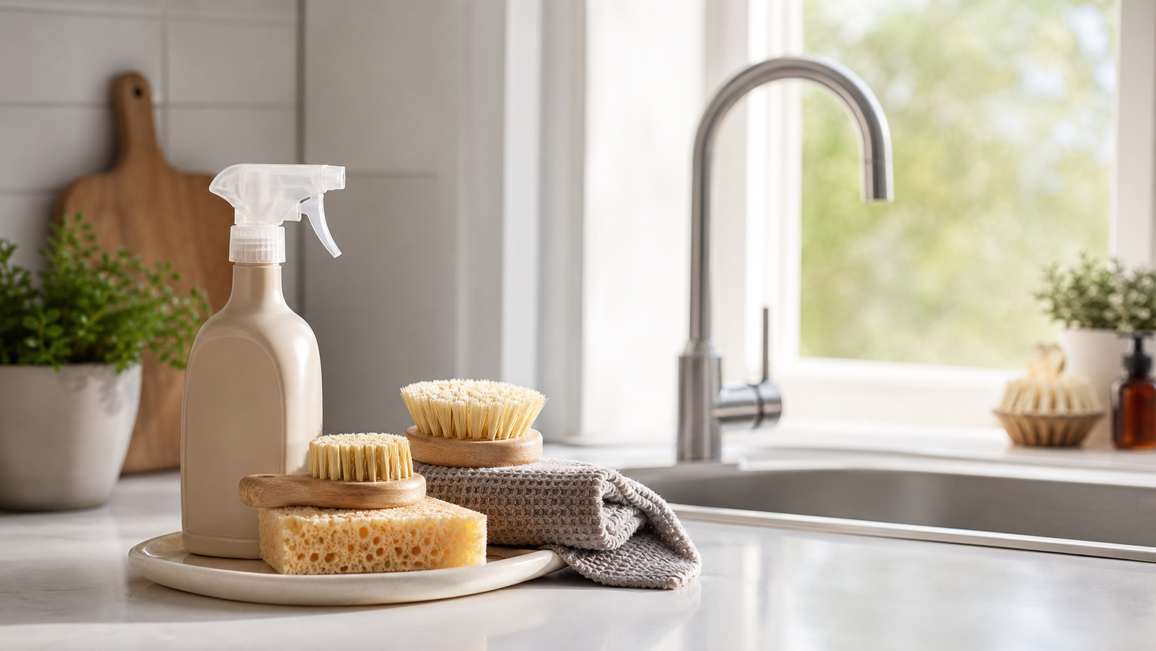 A countertop with kitchen cleaning tools arranged in a practical tidy layout
