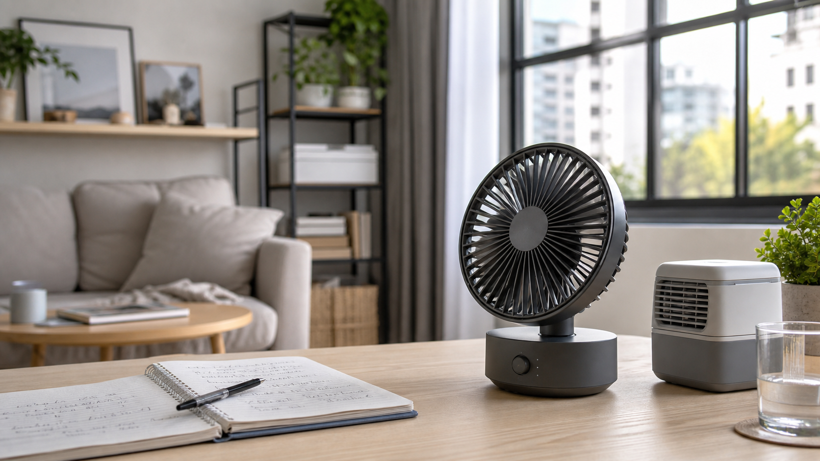 Sunlit small room with a compact desk fan and deal notes, showing a practical cooling purchase setup.