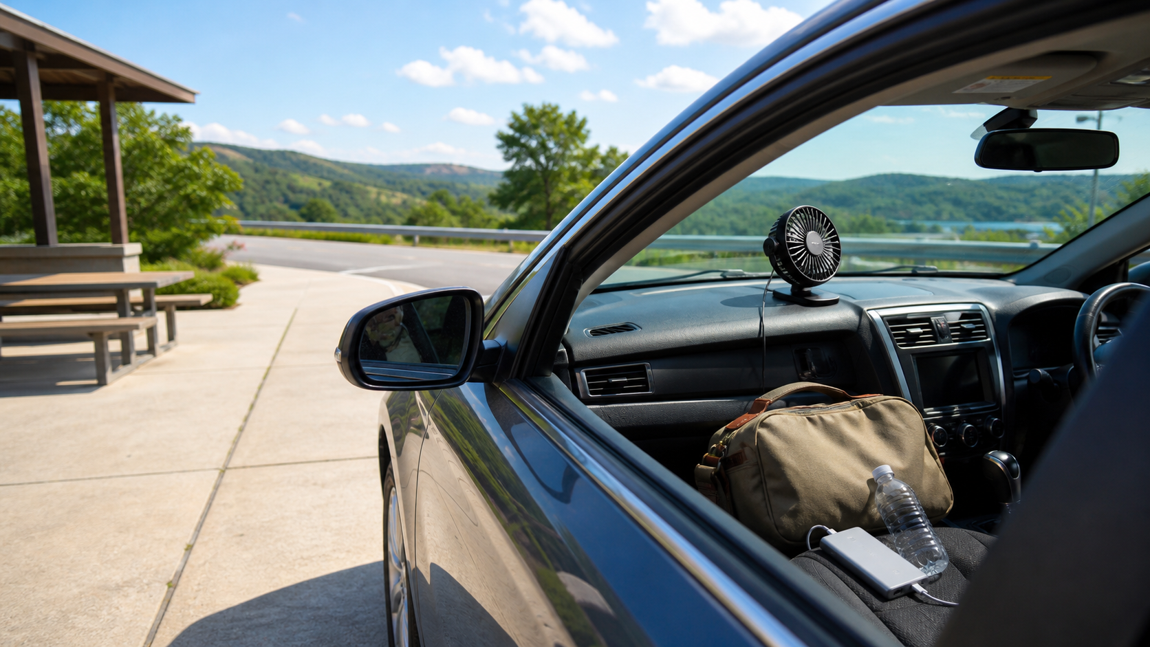 Car interior scene with a compact fan and compact power bank prepared for a summer road trip