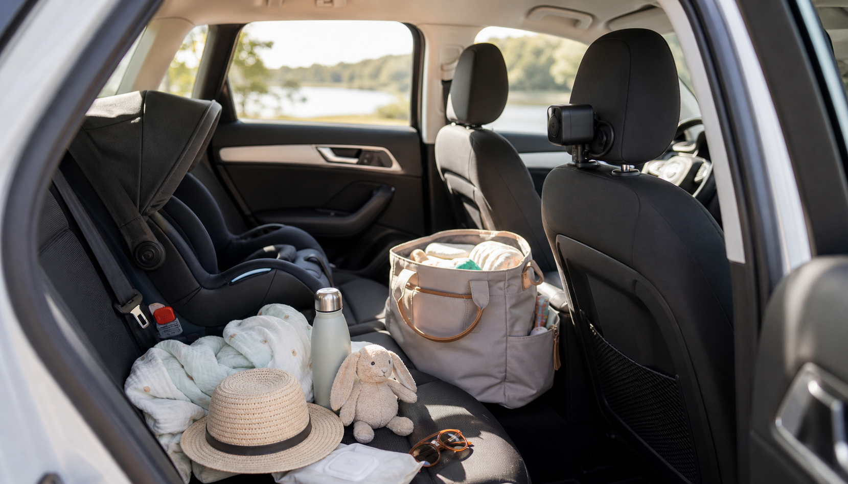Family car interior with a rear-seat baby camera set up for a summer road trip